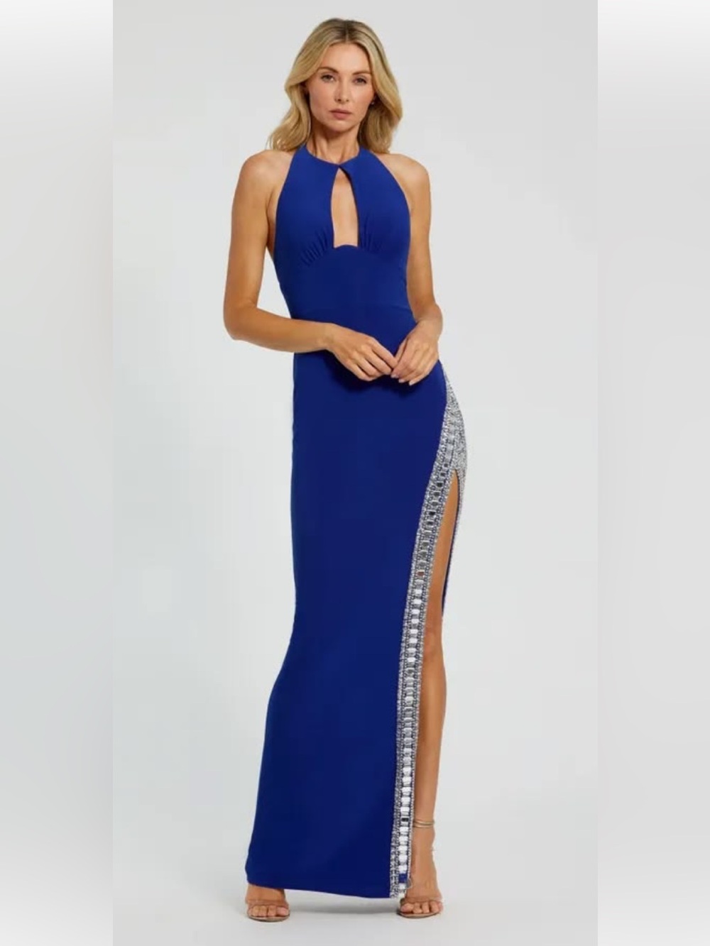 MAC DUGGAL $450msrpRoyal Blue sz 0Halter Evening Gown with Side Embellished Slit